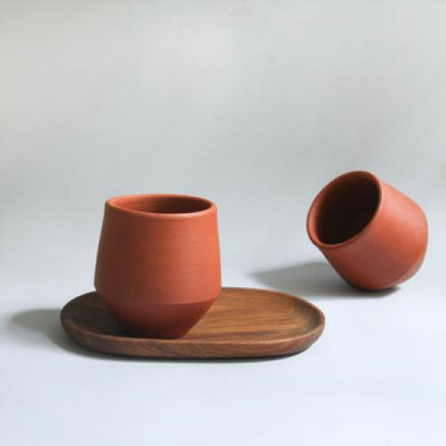 Bhumi - Terracotta Clay Water Cups and Wooden Coaster-set of 2
